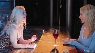 The bartender, a seductive blonde, makes the customer have lesbian sex