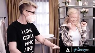Scissoring with Asian beauty Ember Snow and a hot blonde in an intense session