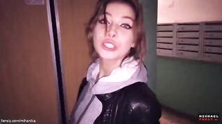 A beautiful girl has sex right on the city streets, wet pussy visible