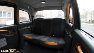 The pretty young girl gets into the taxi and offers herself