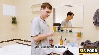 A girl is brushing her teeth when a surprise happens