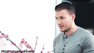 Two masseuses serve one client with Whitney Wright in a slippery Nuru Massage scene