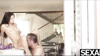 Skinny brunette with small tits fucked hard in the kitchen, right on the table