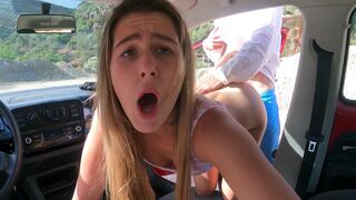 A blonde babe got fucked hard in the car on public parking, loving every moment