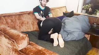 A real couple has sex under the blanket and reaches real orgasm