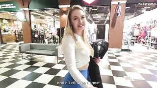 Blonde fucks in the shopping mall toilet for money