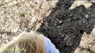 A cutie has an orgasm while walking in the forest, getting drenched with cum
