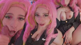 Young girl Mitsuri Kanroji fucks like a slut in different poses, getting her face covered with cum