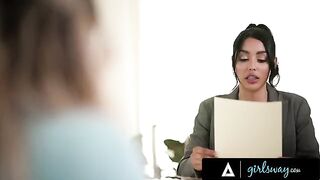 Busty Kayley Gunner ruins the sexy lawyer Vanessa Sky’s pussy