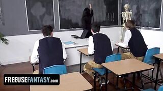 Hot and curvy teacher Valentina Nappi fucked by three students in the classroom
