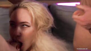 Blonde has her mouth full with two cocks in a double blowjob scene