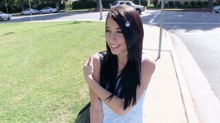 A cute petite teen Mia Hurley shows her boobs to earn cash