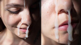 Hottie fucks on the doggy style and gets a huge cum shot on her cute face