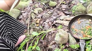 A hot single mom is cooking and fucking outdoor in the forest