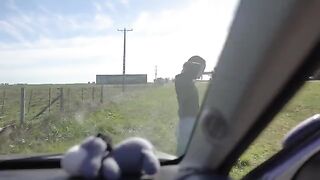 A guy shot cum on the face of a girl while driving a car