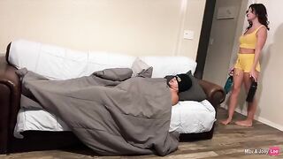 Horny wife gets fucked by her husband’s friend on the couch, sharing a creamy finish