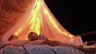 A couple have romantic sex outdoors with long foreplay and simultaneous orgasm
