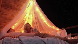A couple have romantic sex outdoors with long foreplay and simultaneous orgasm