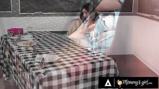 A hot MILF is getting naughty with her stepdaughter during a college bake sale for more money