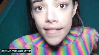 Skinny petite teen Harmony Wonder gets her throat fucked and facialized