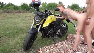 MILF fucks stranger on the picnic blanket