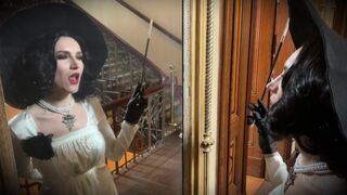 Hot cosplay with tall Lady Dimitrescu from Resident Evil Village, doing everything