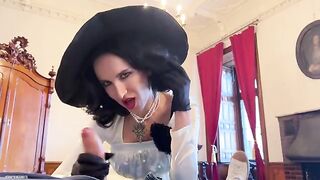 Hot cosplay with tall Lady Dimitrescu from Resident Evil Village, doing everything