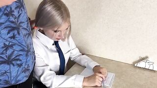 A cute girl is being fucked by her tutor on the table