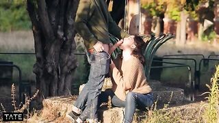 A daring brunette teenie gets her pussy and mouth explored in a risky spot