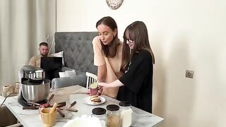 Two girls are cooking Russian syrniki when a friend joins and things get steamy