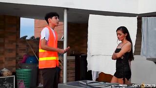 The electrician rewarded the housewife for her hospitality with intense passion