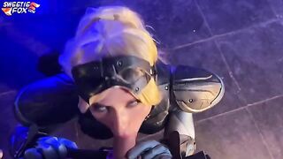 A hot girl in Nova's costume from Starcraft gets her cock sucked and swallows the cum