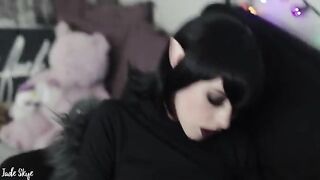 Mavis first tries blowing a cock and swallowing cum while wearing fangs