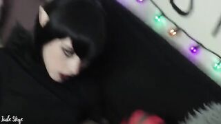 Mavis first tries blowing a cock and swallowing cum while wearing fangs