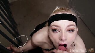A girl with deep blue eyes was forced to suck a cock outdoors