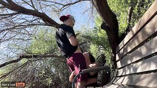 Busty girl almost caught giving BJ by the lake