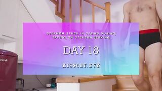 A step mom got stuck in stairs and the step son jerked her off