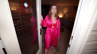The neighbor came to the house with a gift for the wife on Valentine's Day