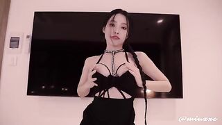 An Asian girl in a black dress has sex with me, I cum inside her