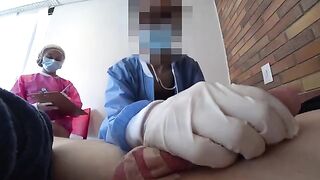 Two wild nurses check my cock strength in a public place