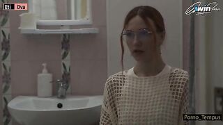 Russian schoolgirl fucks two guys after classes in a steamy orgy scene