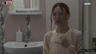 Russian schoolgirl fucks two guys after classes in a steamy orgy scene