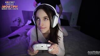 The gamer’s stepsister is riding his cock and giving a deepthroat blowjob