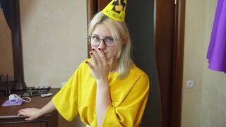 Stepbrother pushed his tongue in her holes on her birthday