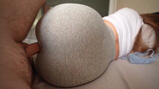 Pervert guy masturbates, his stepsister catches him, and things get steamy through her leggings