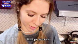 Flatmate-girl doesn’t mind periodic sex in the kitchen and getting cum on her pigtails
