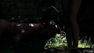 A cute blonde girl made a blowjob with her lover in the garden