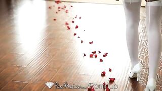 A cute young brunette has sex straight on the bed, no need for a bra