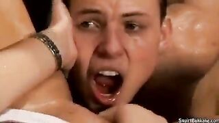 Bukakke with a cumshot right in the mouth, no swallowing