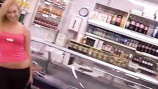 A gorgeous thief with striking blonde hair got fucked behind the cashier